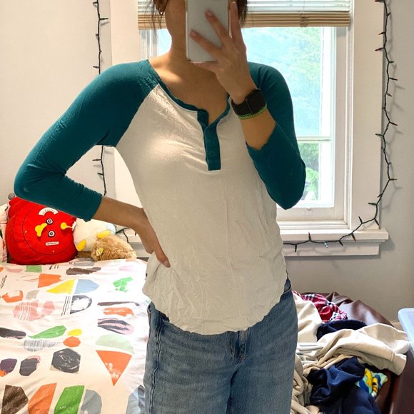 American Eagle Teal Baseball Long Sleeve Tee - Picture 1 of 2